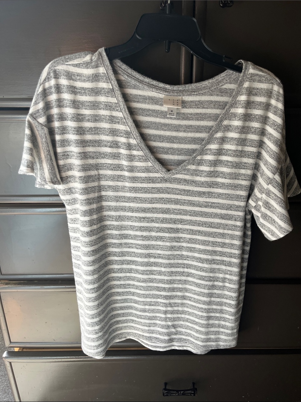 a new day Gray and White Striped V-Neck Short Sleeve Tee